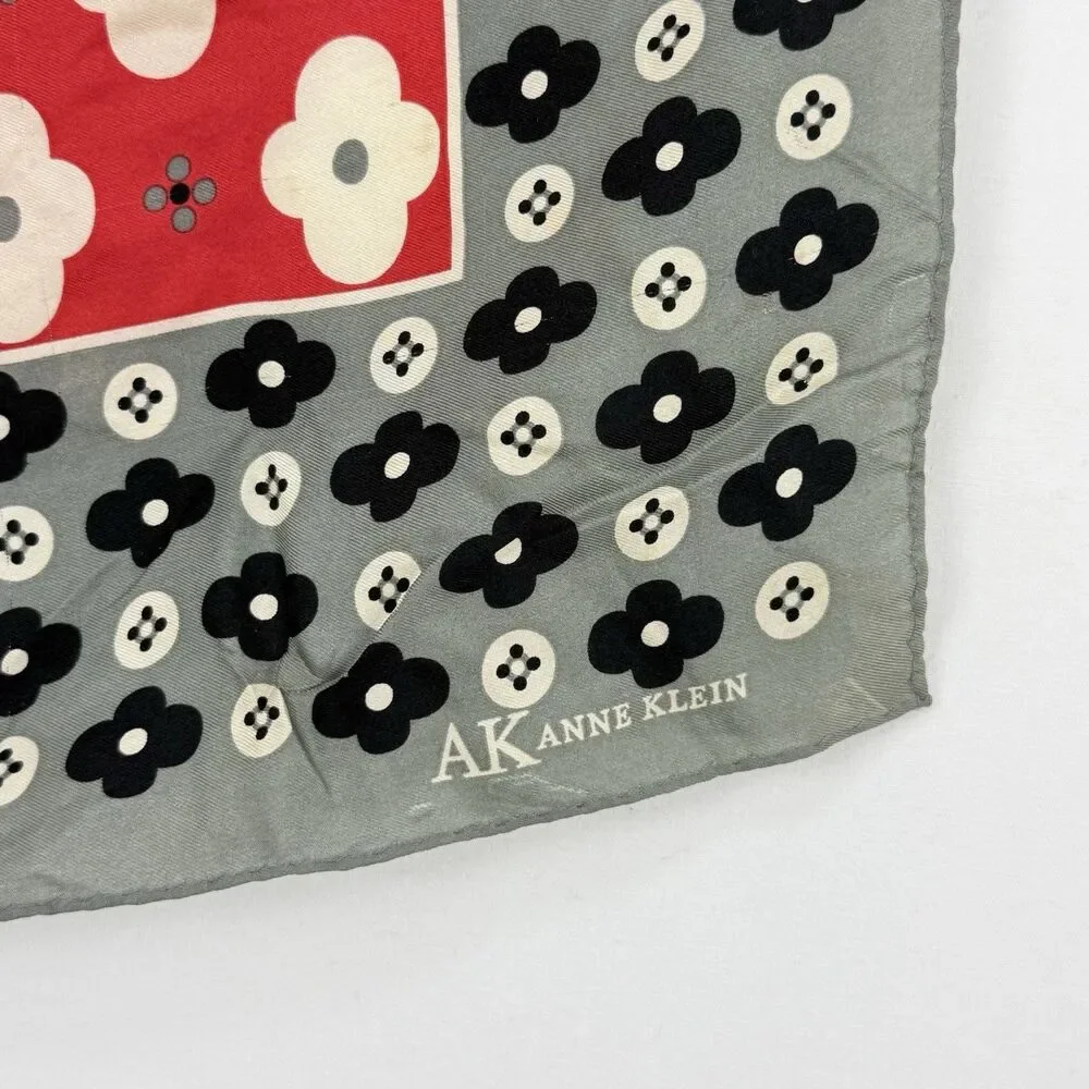 Vintage Red Gray Floral Polka Dot Square Neck Scarf 21x20 Inches
